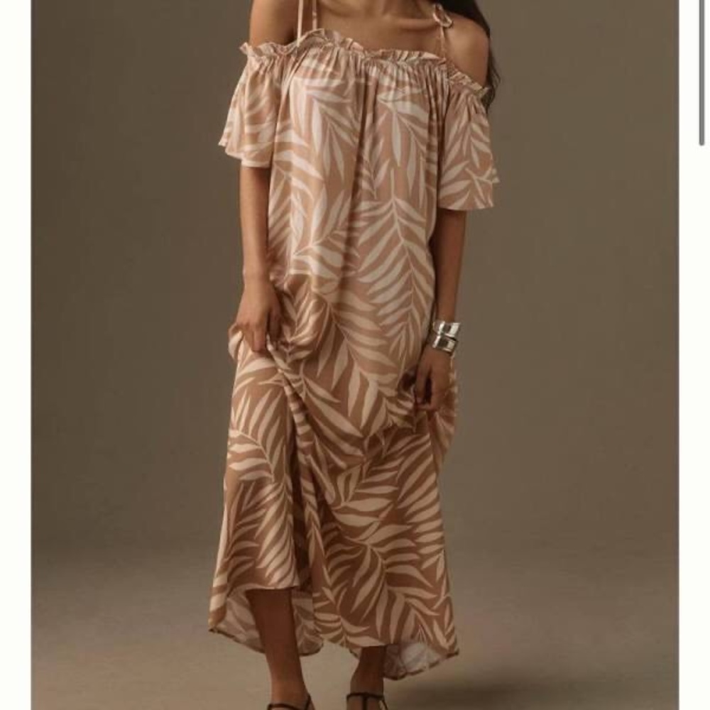 Anthropologie Off-Shoulder Leaf Print Dress - Brown motif - NWT - One Size